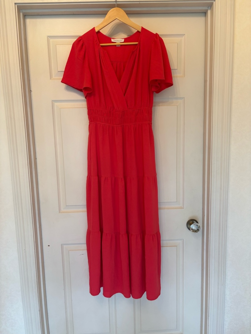 Monteau Red V-Neck Tiered Maxi Dress